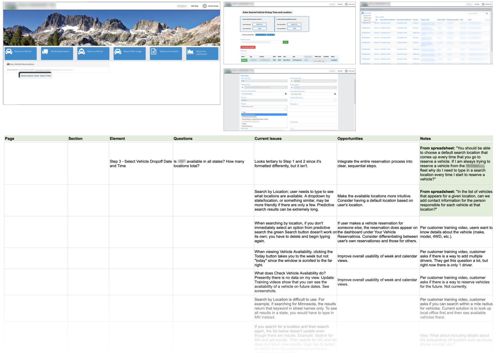 Screenshot of current state screens and spreadsheet documentation