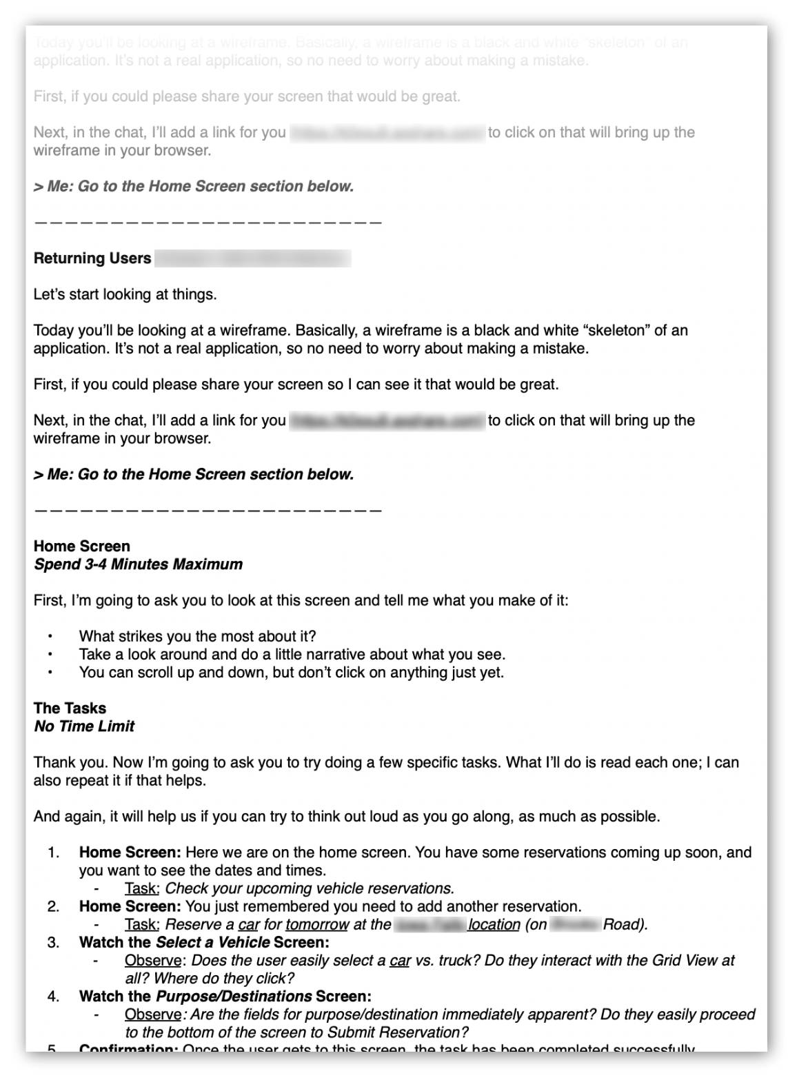 Screenshot of usability testing script