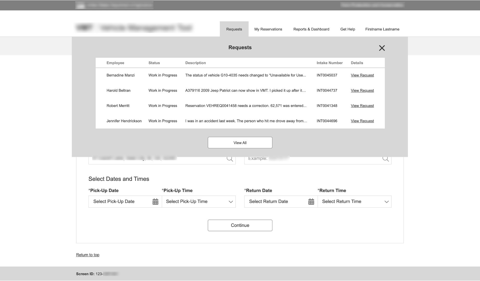 Wireframe: Requests Dropdown