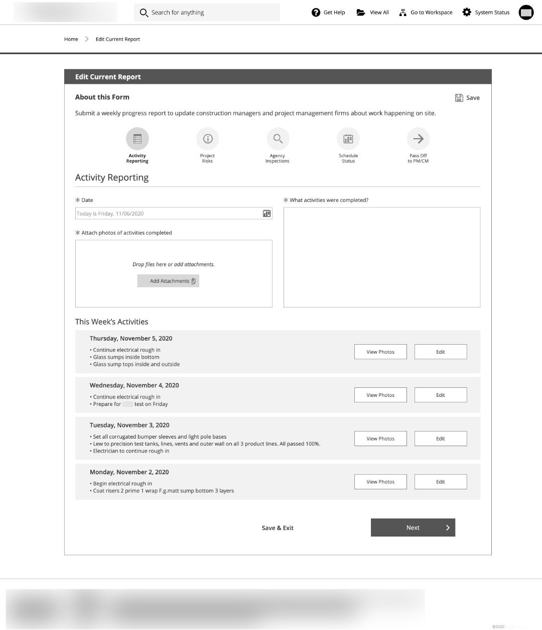 Construction Management Wireframe