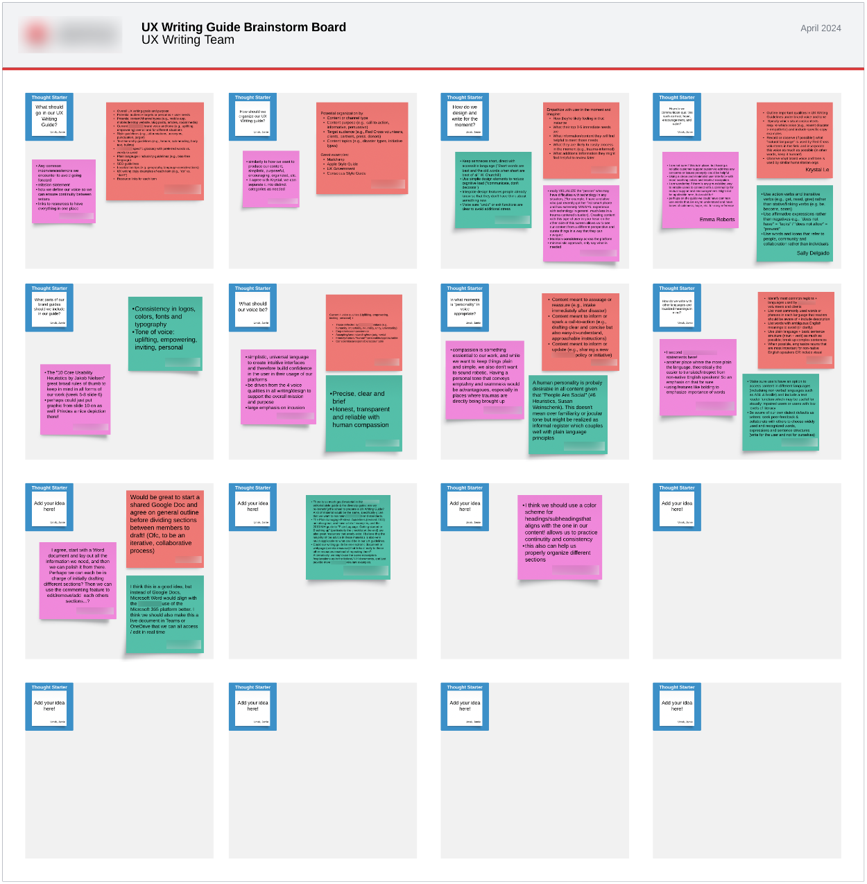 Lucidspark board for team to brainstorm the contents of our writing guide before working on it.