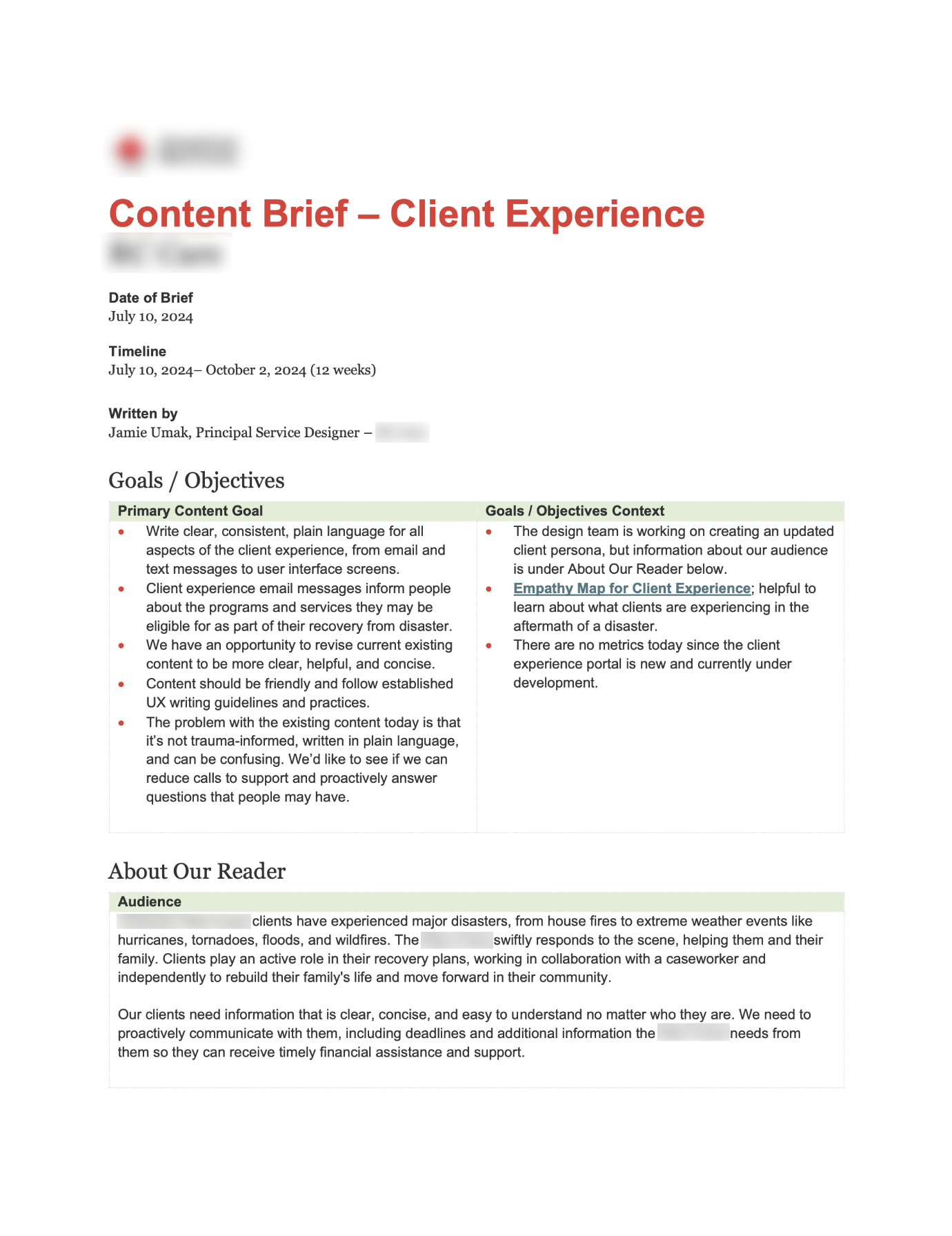 Screenshot of content brief example in Microsoft Word showing important information about the project.