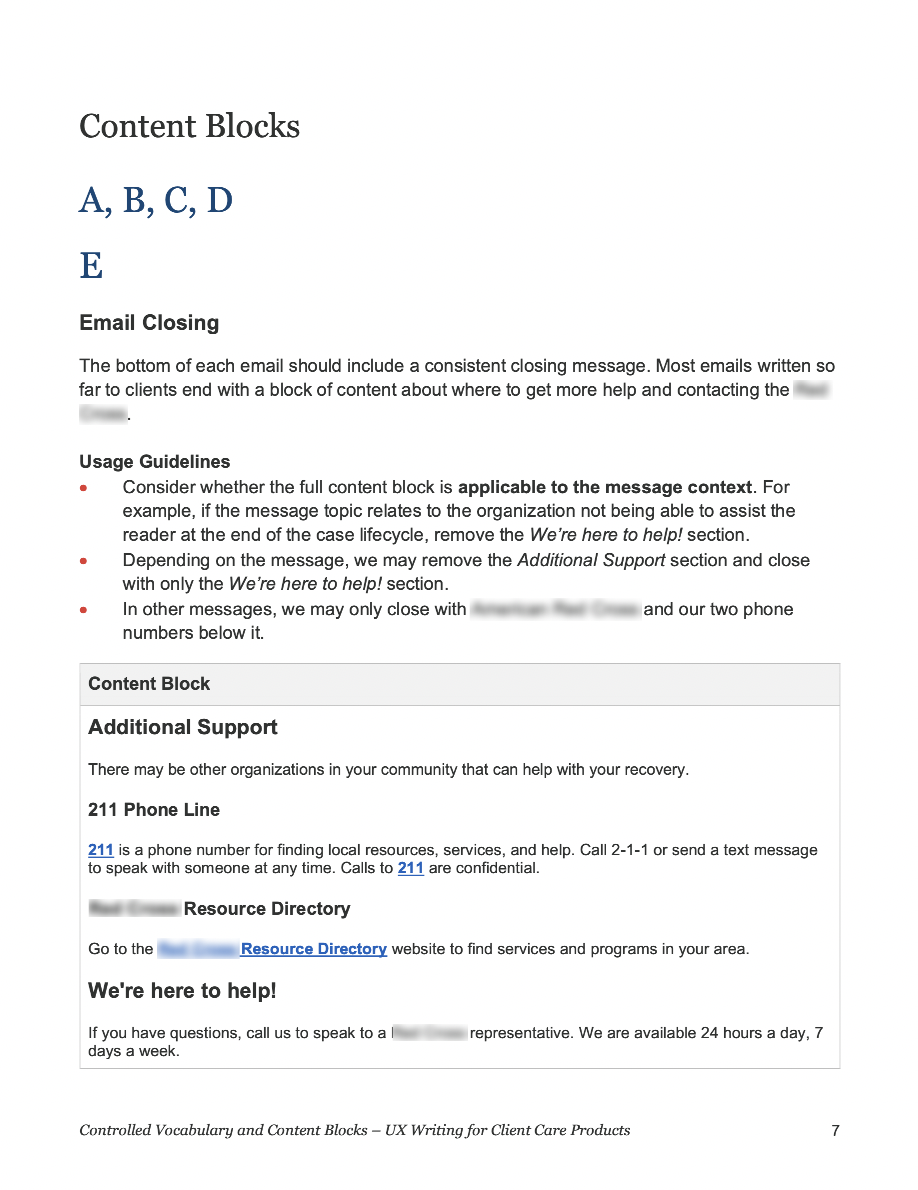 Screenshot of the Content Blocks section of the controlled vocabulary and content blocks document.