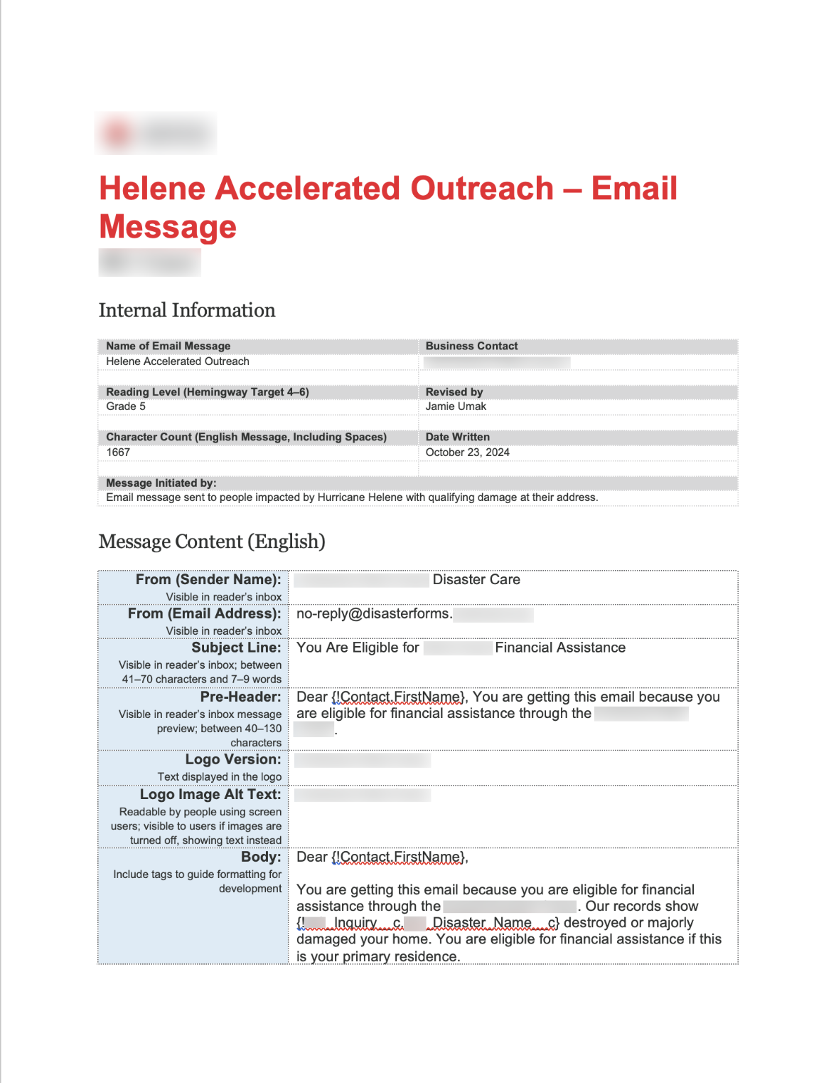 Screenshot of email message template in Microsoft Word containing all content parts of an email message.