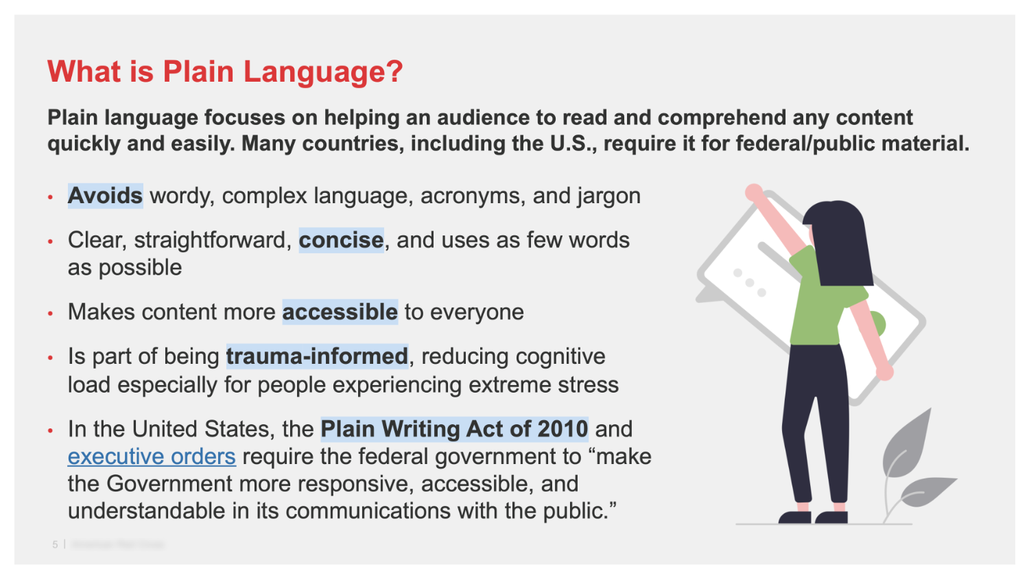 Presentation slide describing what plain language is.