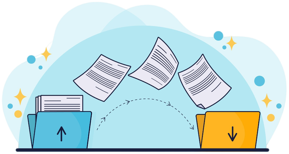 Illustrated file folders visualizing documents transferring between them with arrows in a semicircle.