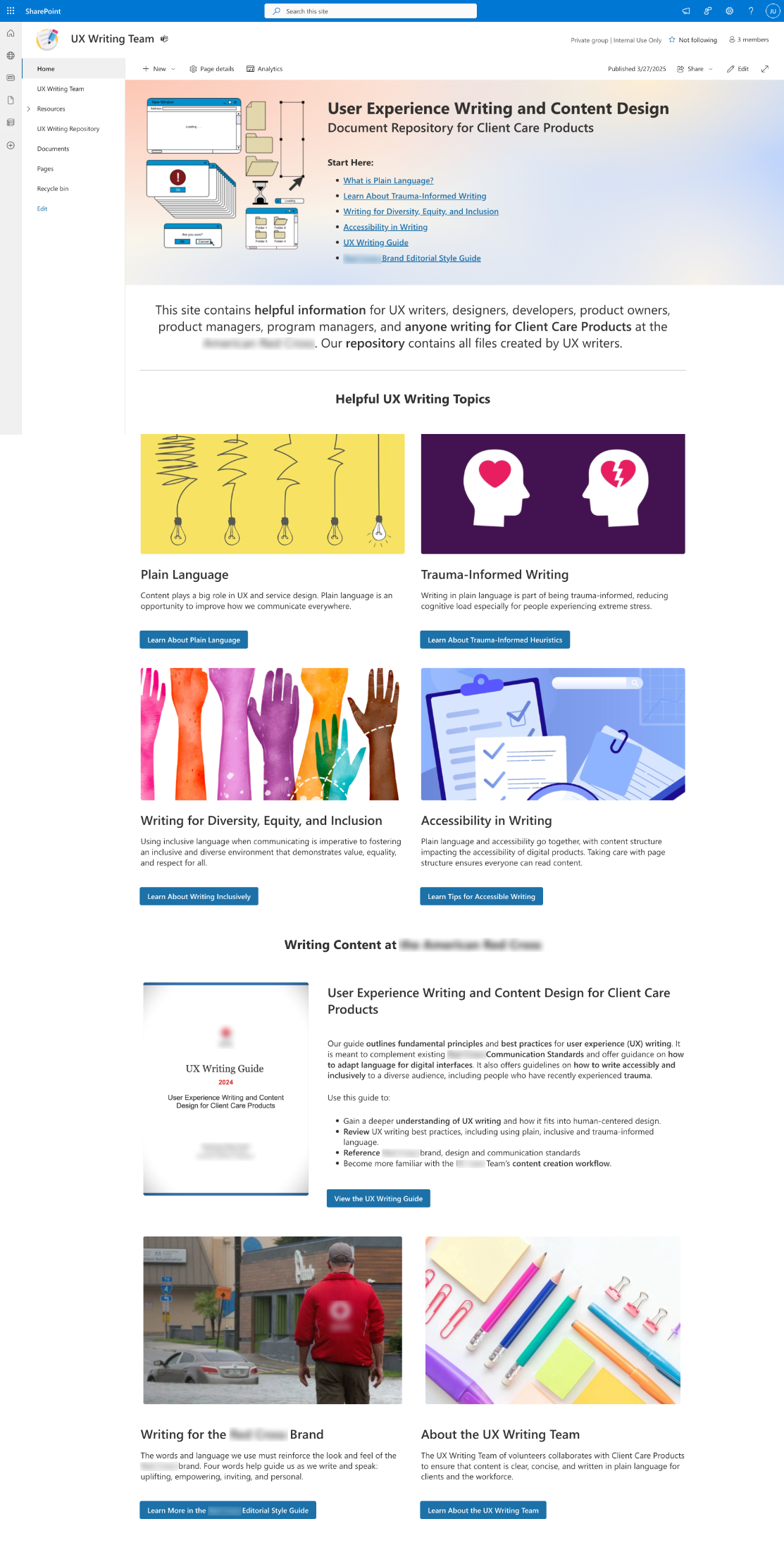 Screenshot of UX Writing Team SharePoint site landing page.