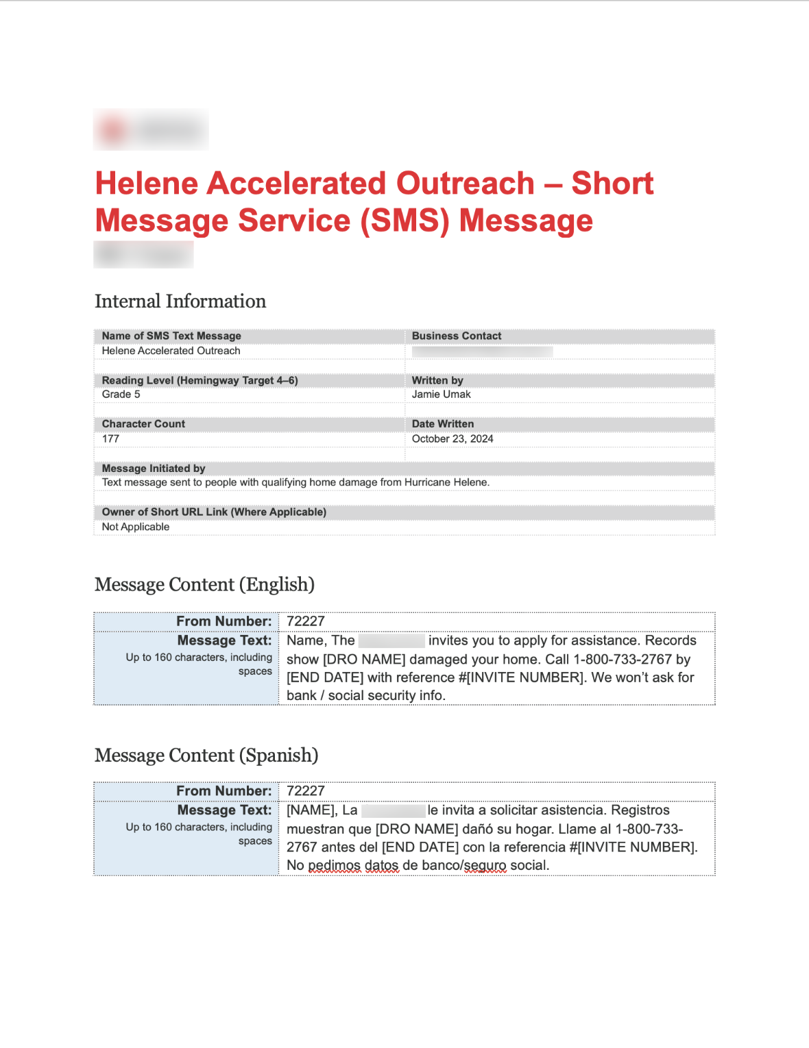 Screenshot of SMS text message template in Microsoft Word containing all content parts of a text message.