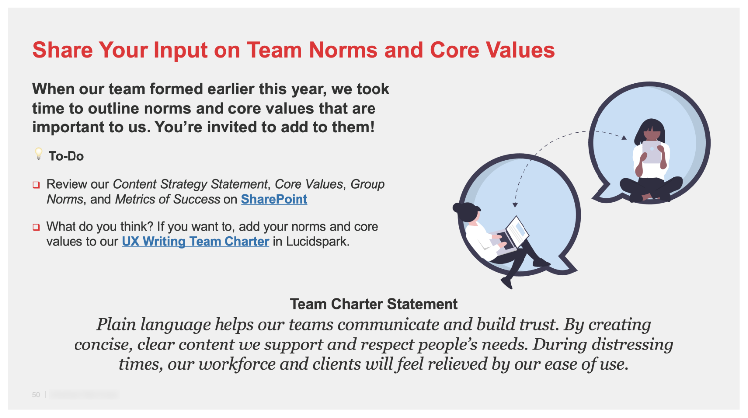 Presentation slide from onboarding materials about team norms and core values.