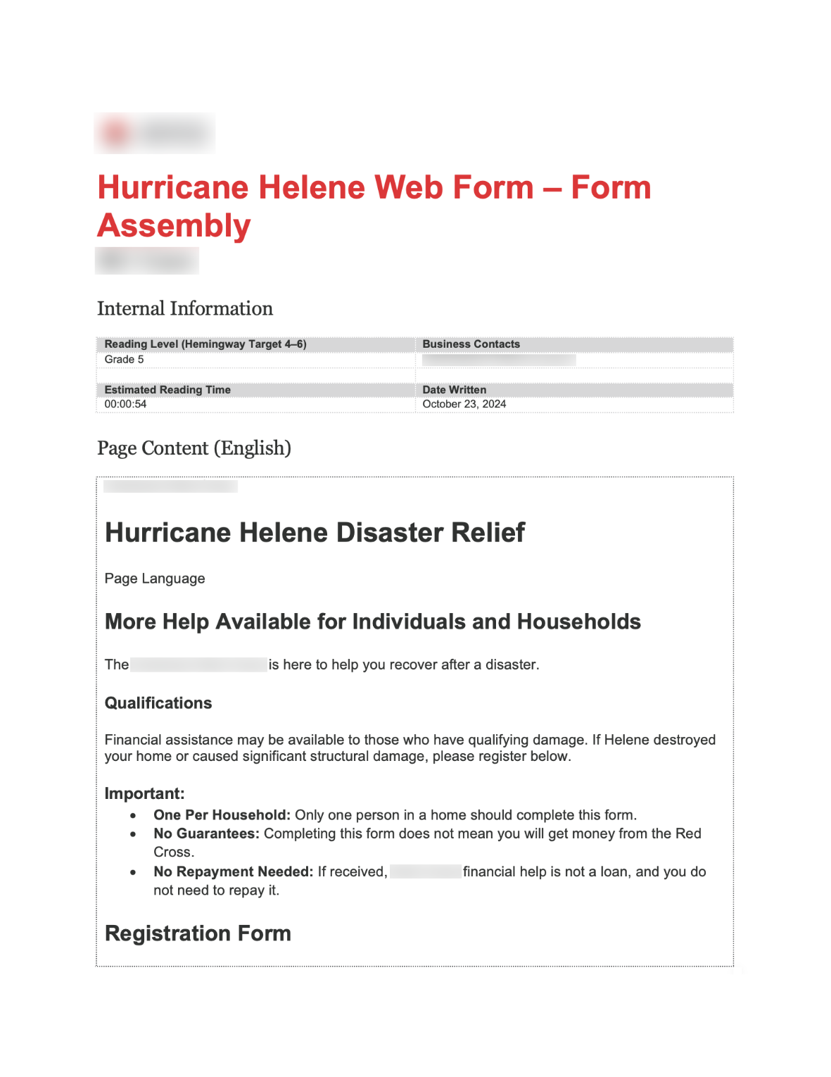 Screenshot of user interface content template in Microsoft Word containing all content parts of an interface screen.
