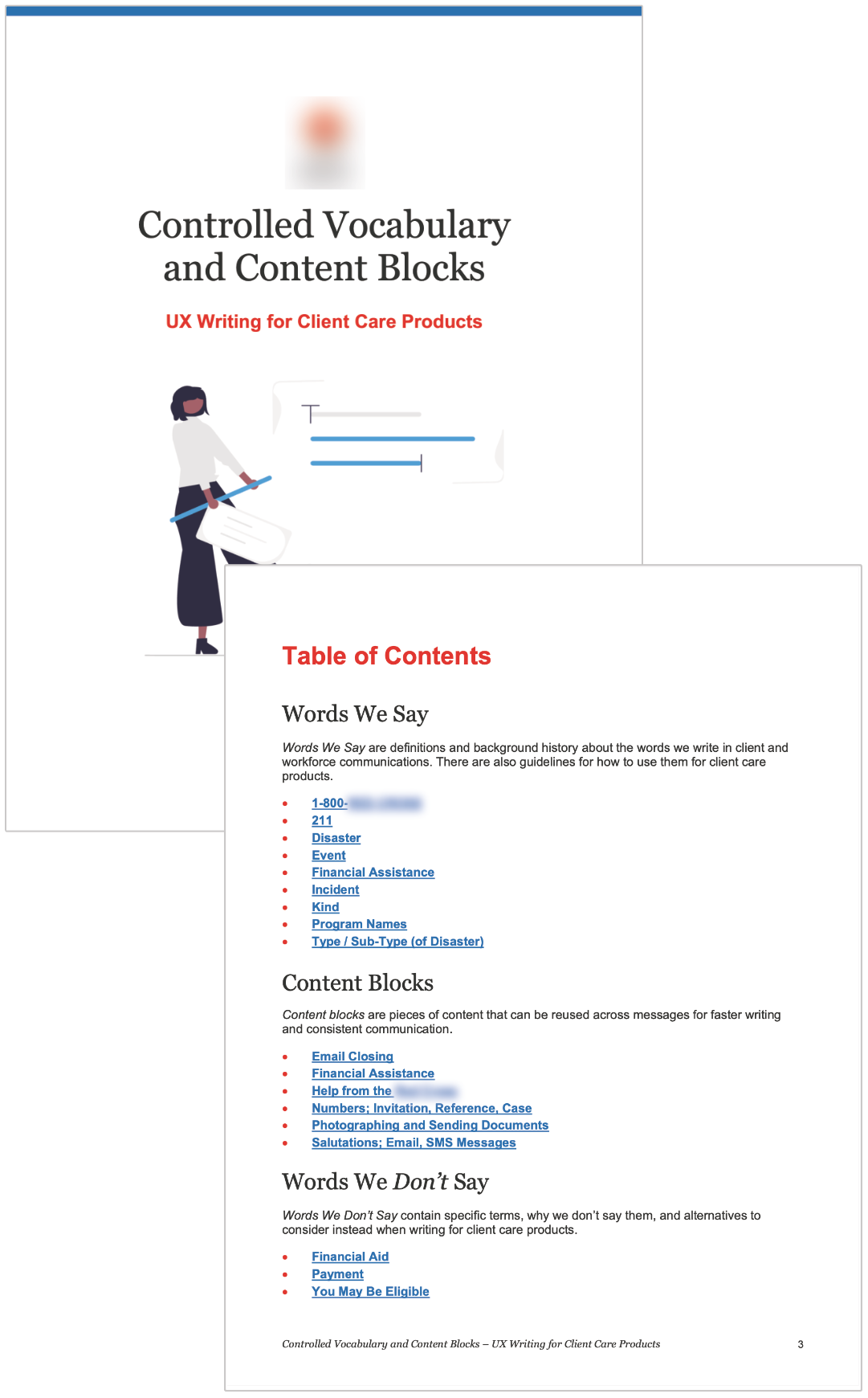 Screenshot of controlled vocabulary and content blocks document including cover page and table of contents.