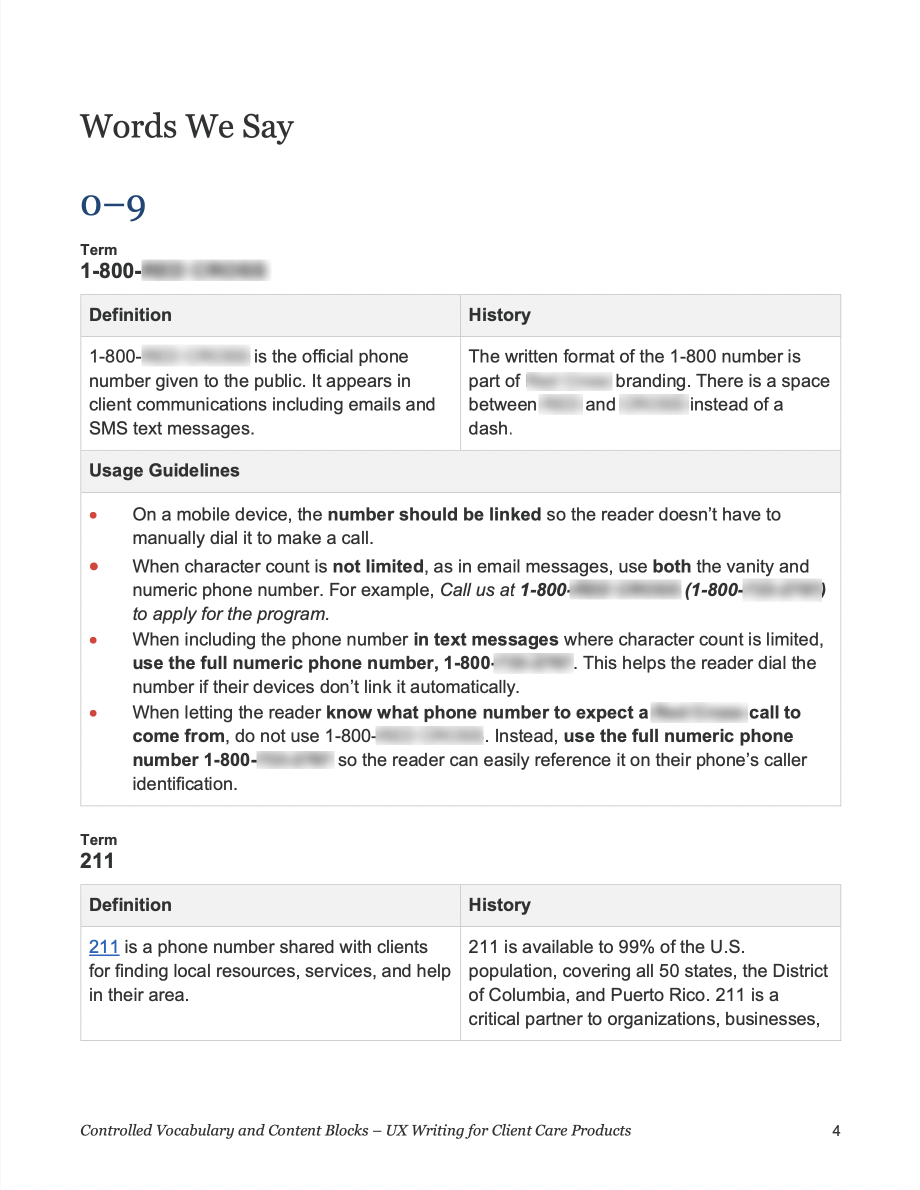 Screenshot of the Words We Say section of the controlled vocabulary and content blocks document.