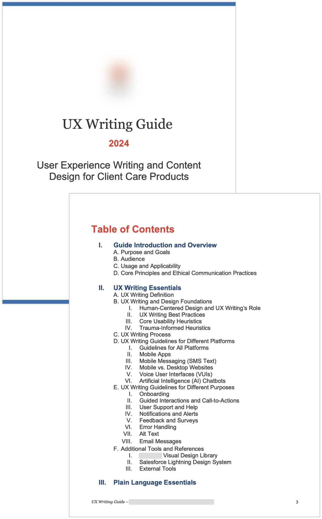 Cover page and table of contents from UX Writing Guide.