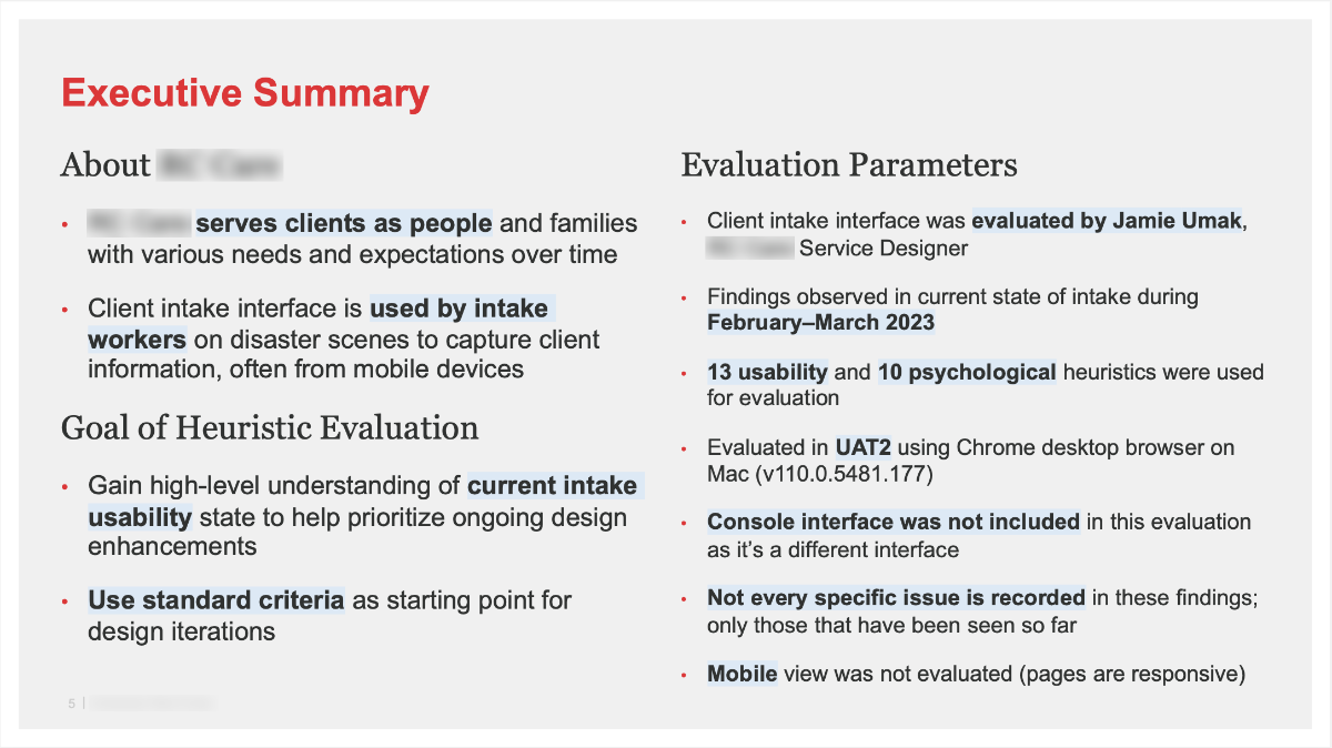Heuristic evaluation executive summary page