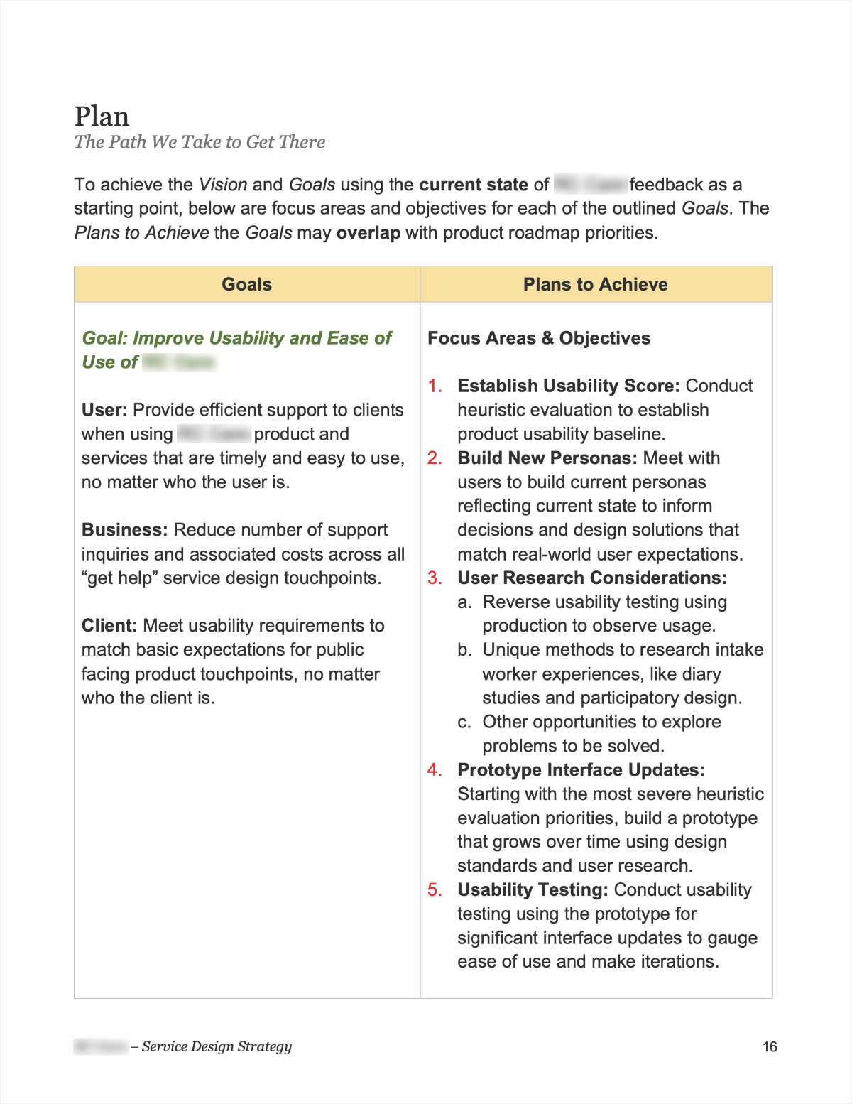 Screenshot of service design strategy document page 16