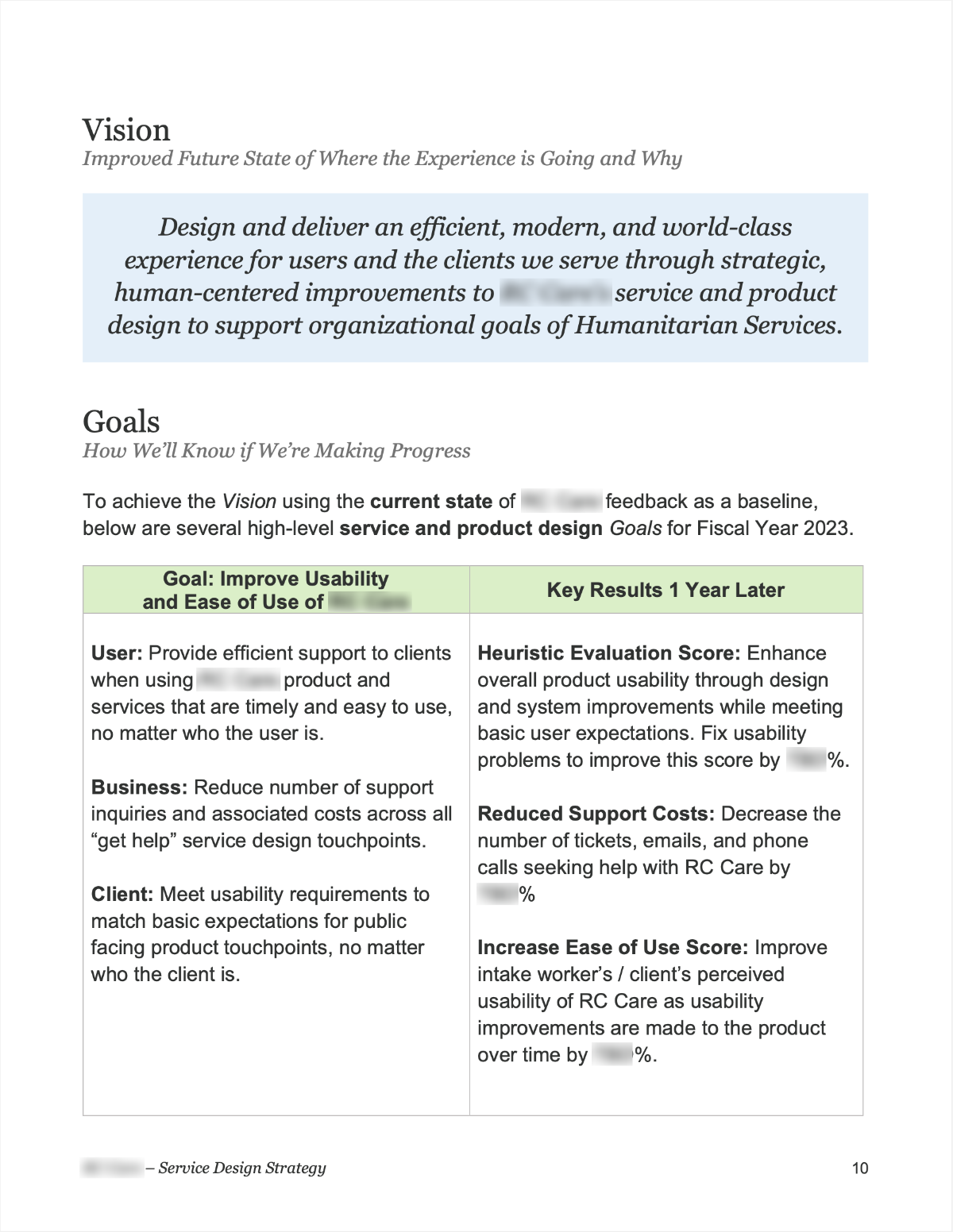 Screenshot of service design strategy document page 10