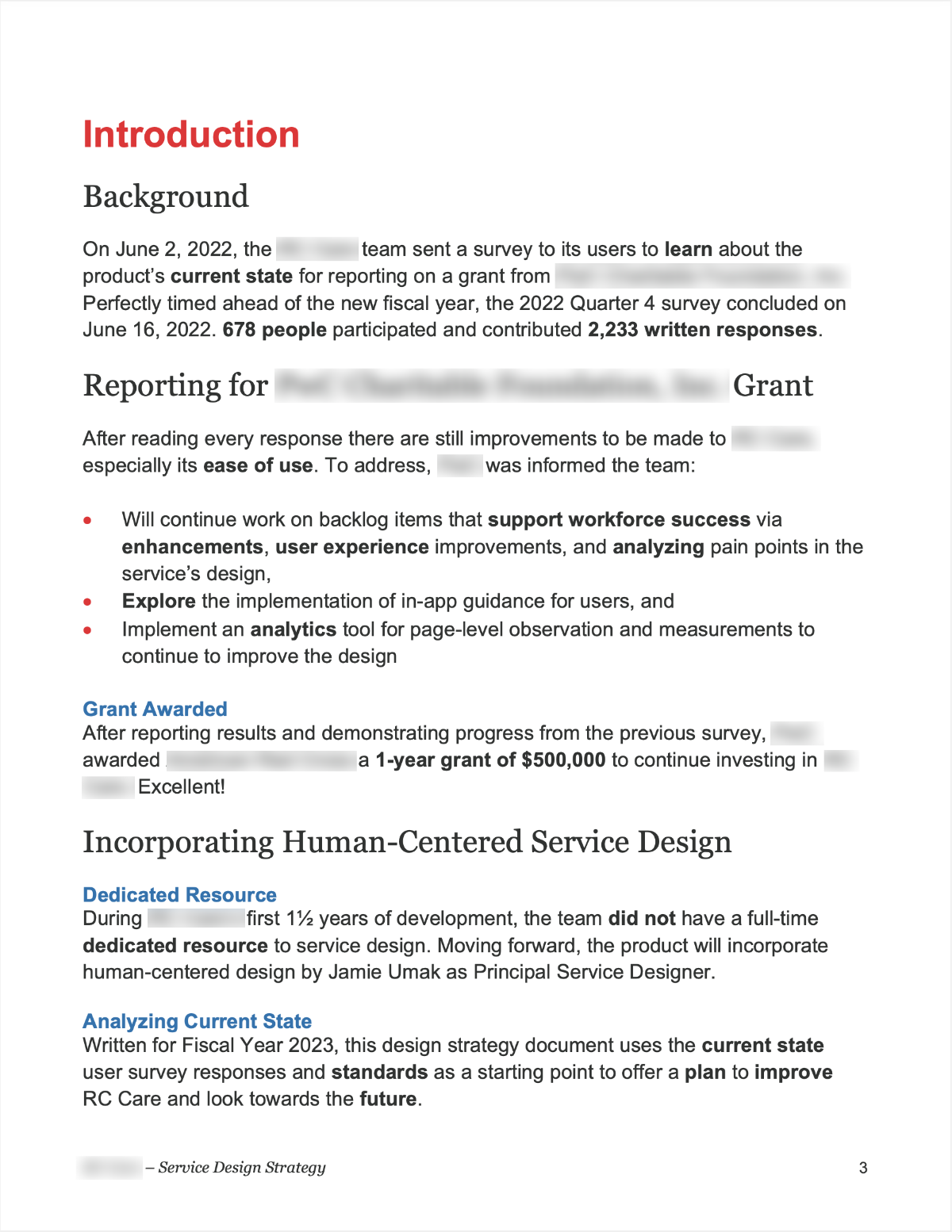 Screenshot of service design strategy document page 3