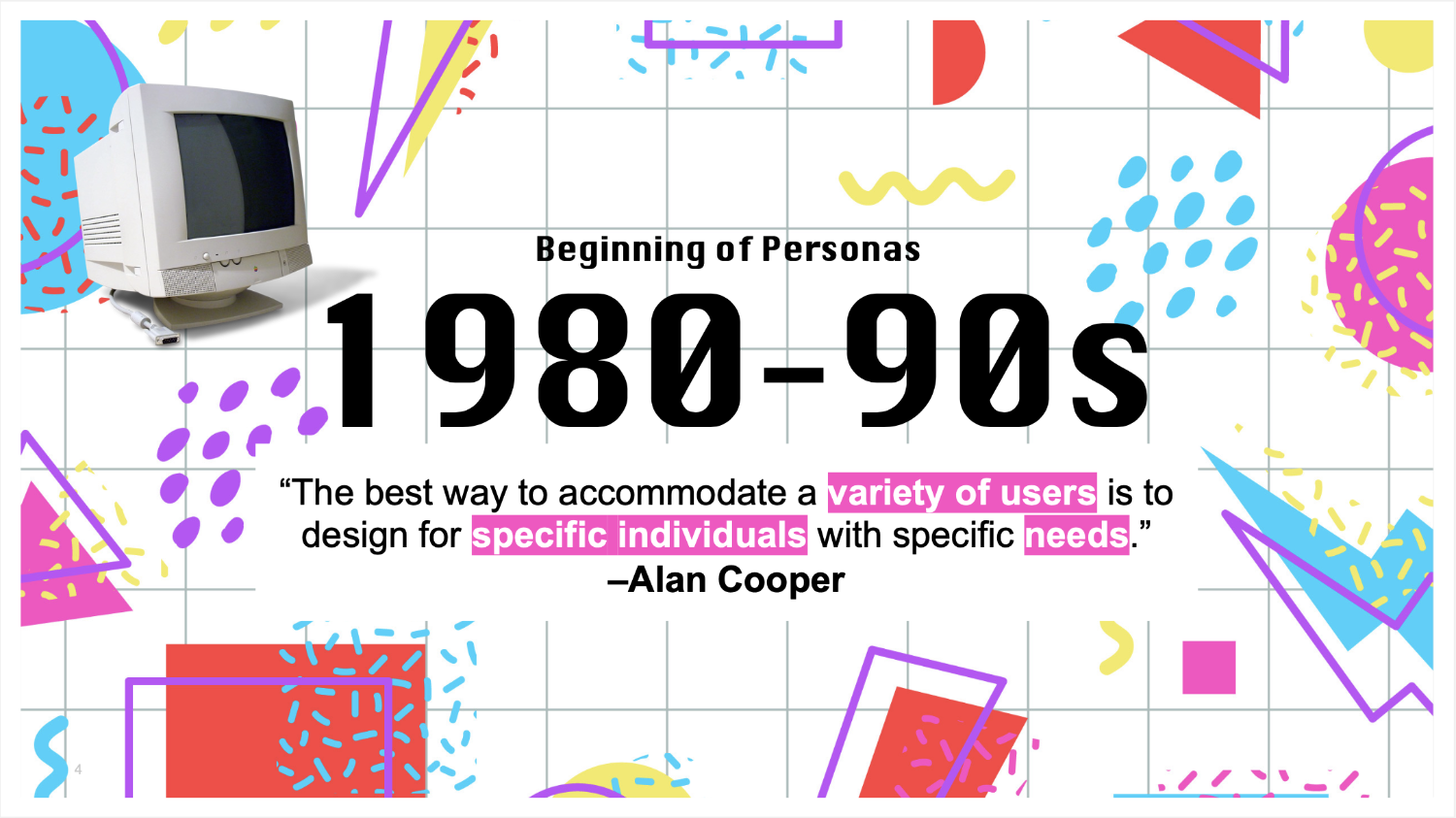Beginning of personas slide styled with 1980s-90s aesthetic