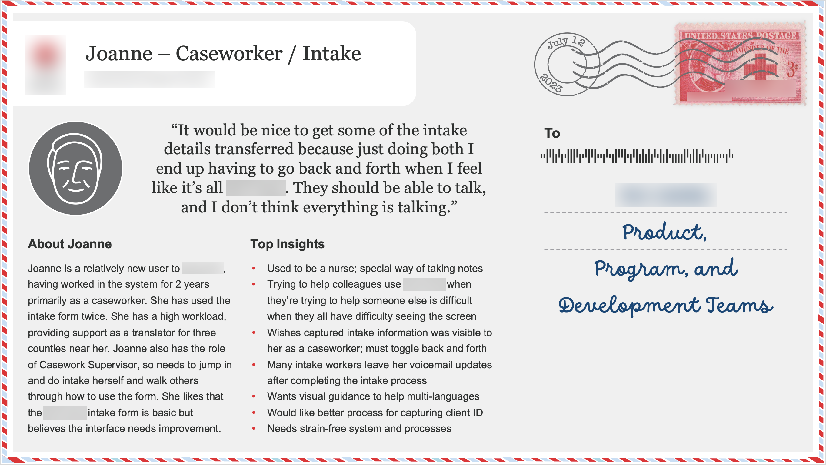 Postcard from a caseworker who uses intake