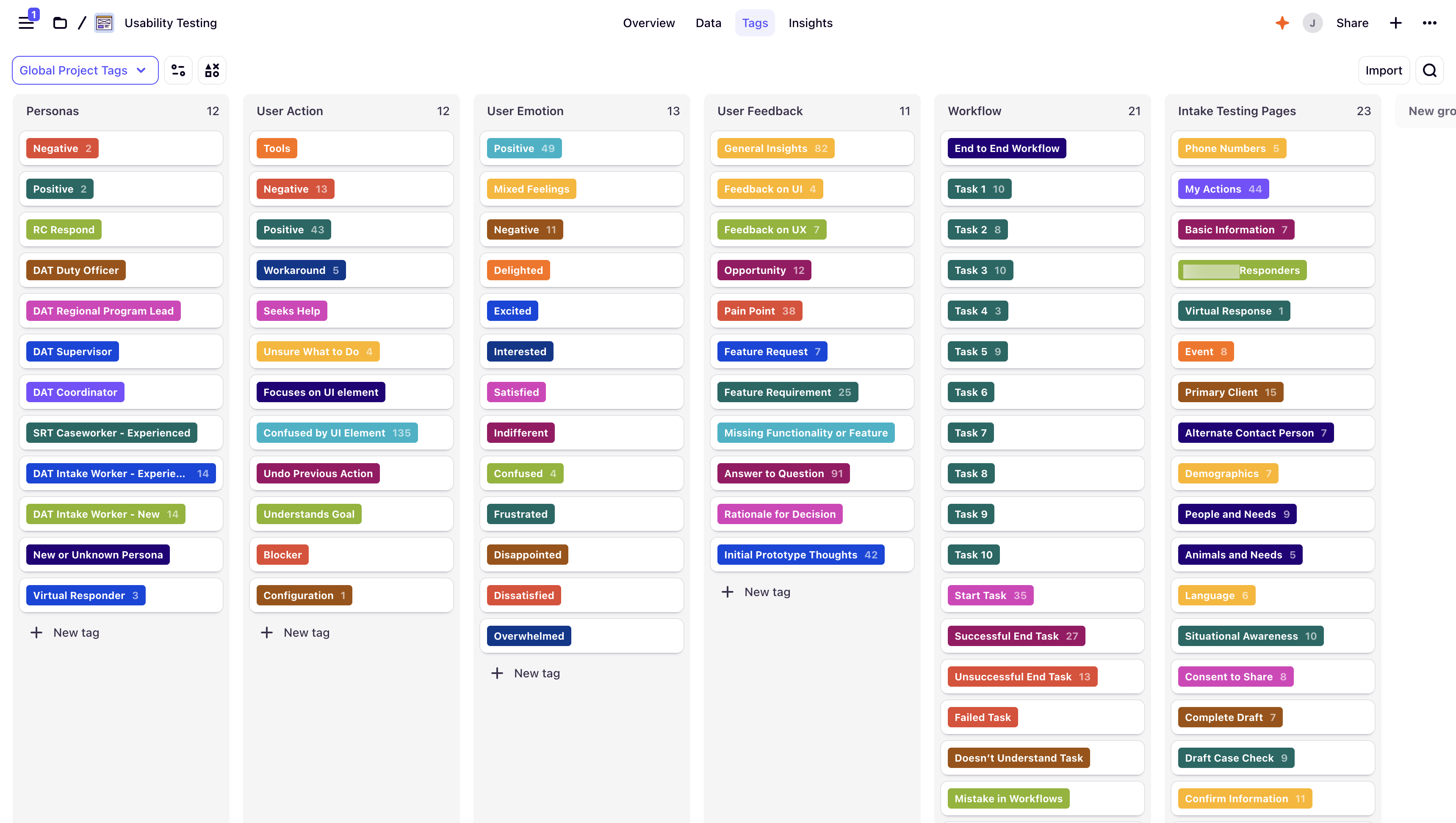 Screenshot from Dovetail of my transcription tags