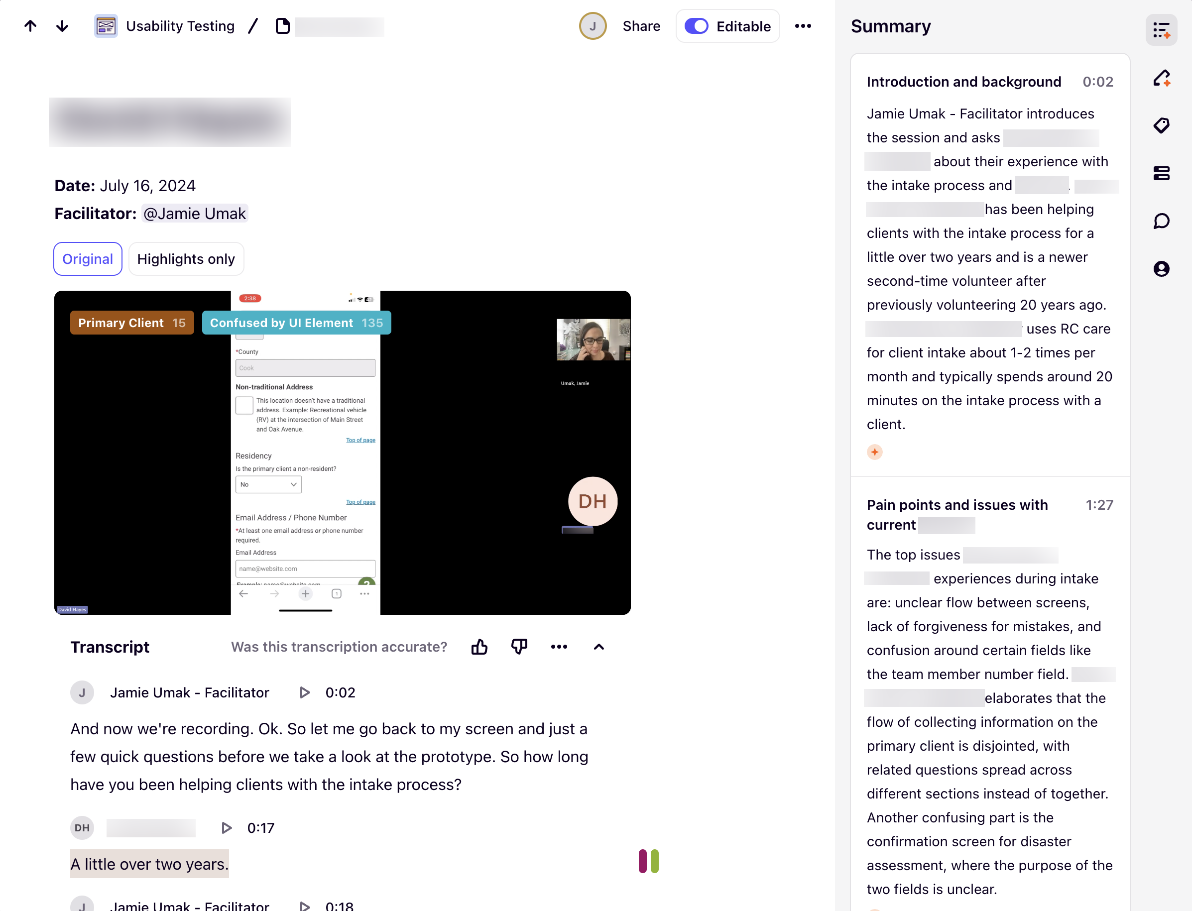 Screenshot from Dovetail of me running a usability test with a participant.