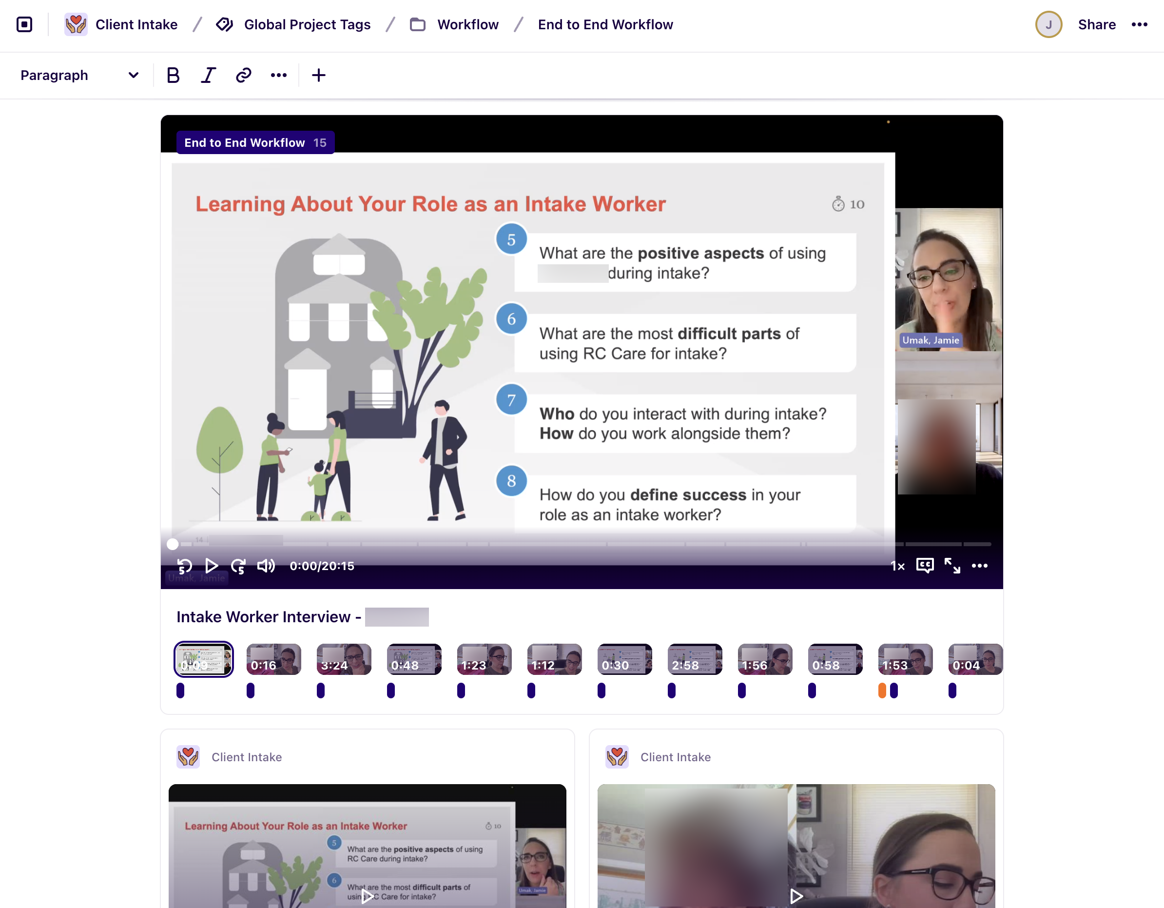 Screenshot of Dovetail application picturing me interviewing a responder
