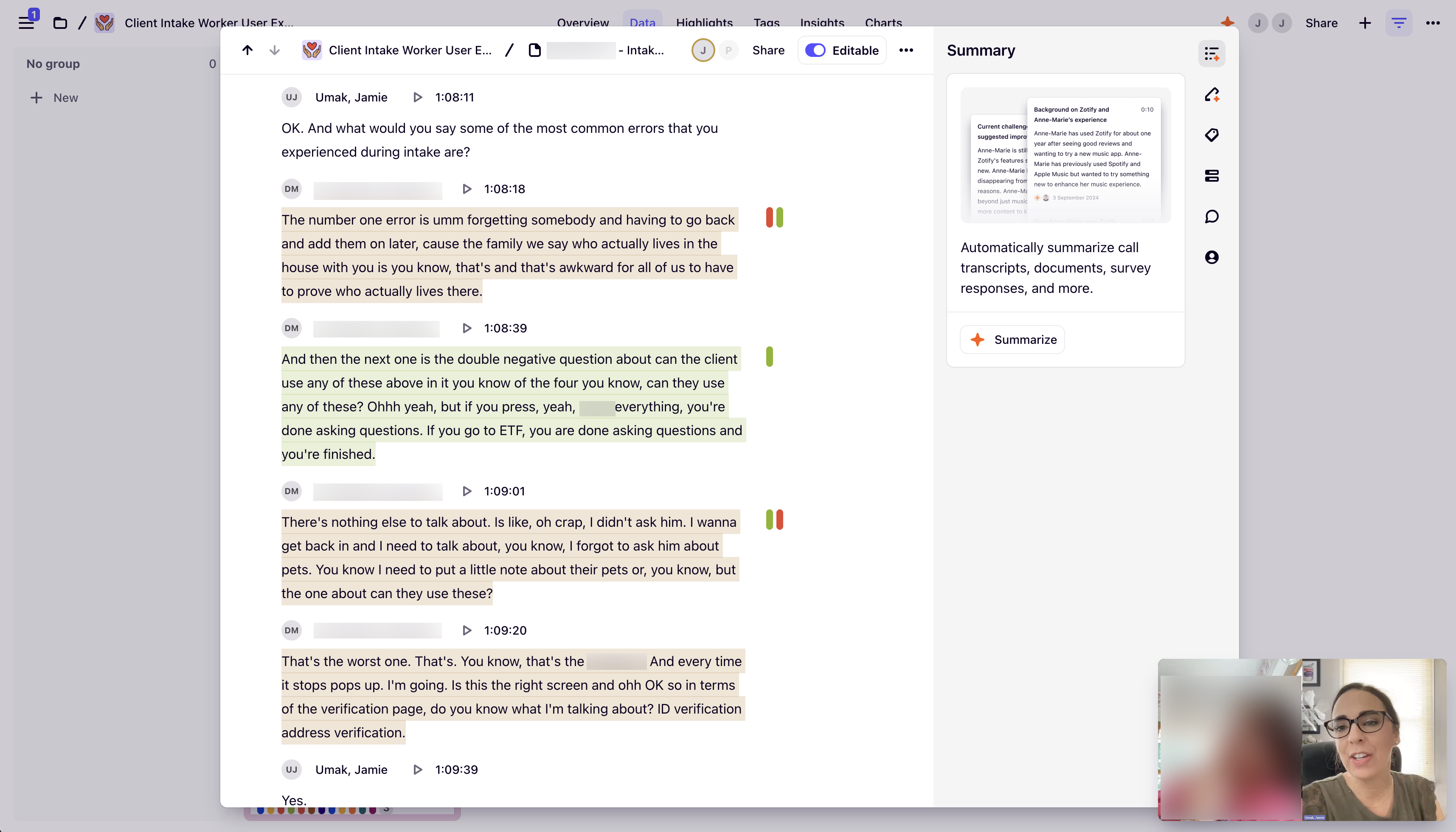 Screenshot from Dovetail picturing me interviewing a responder with transcription and coding displayed