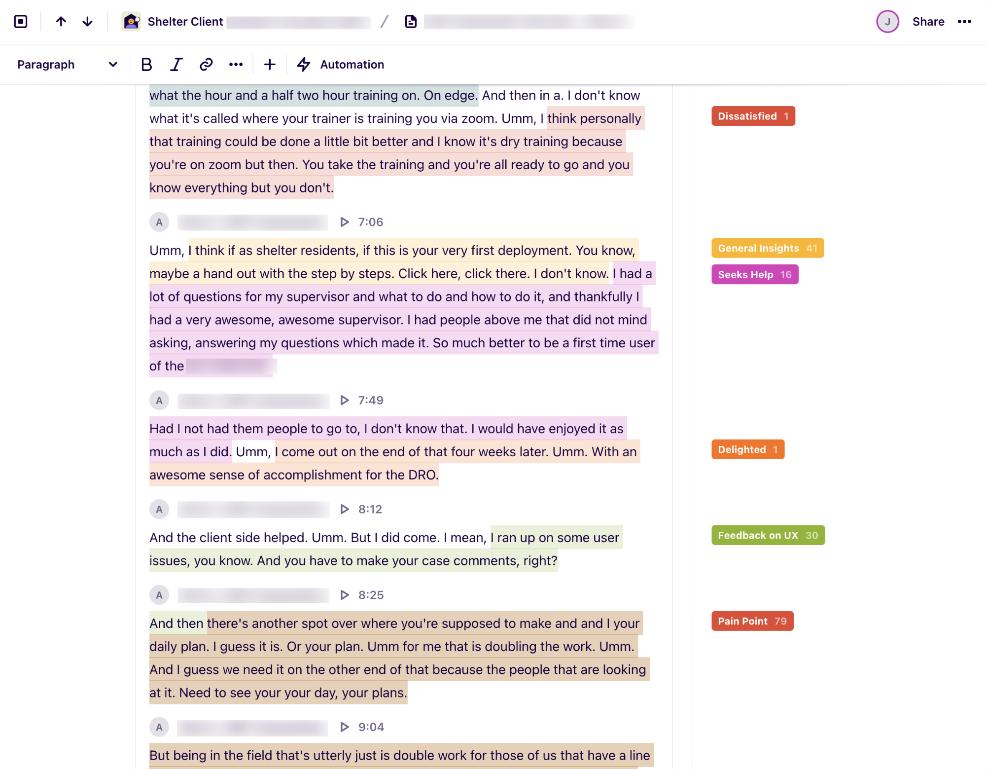 Screen with user interview coding in Dovetail