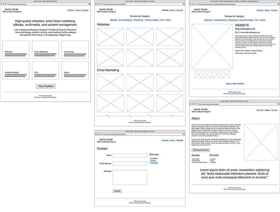 Jamie Umak website wireframes - version 1