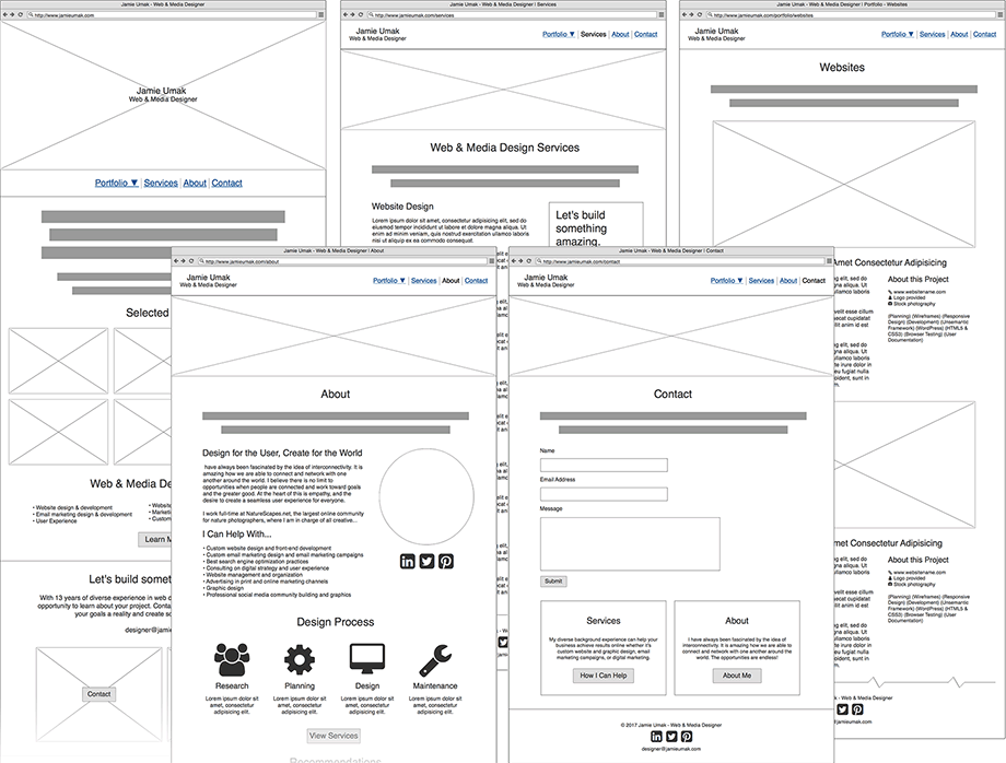 Jamie Umak website wireframes - version 2
