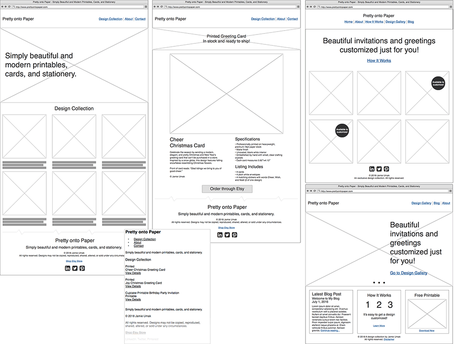 Pretty onto Paper wireframes
